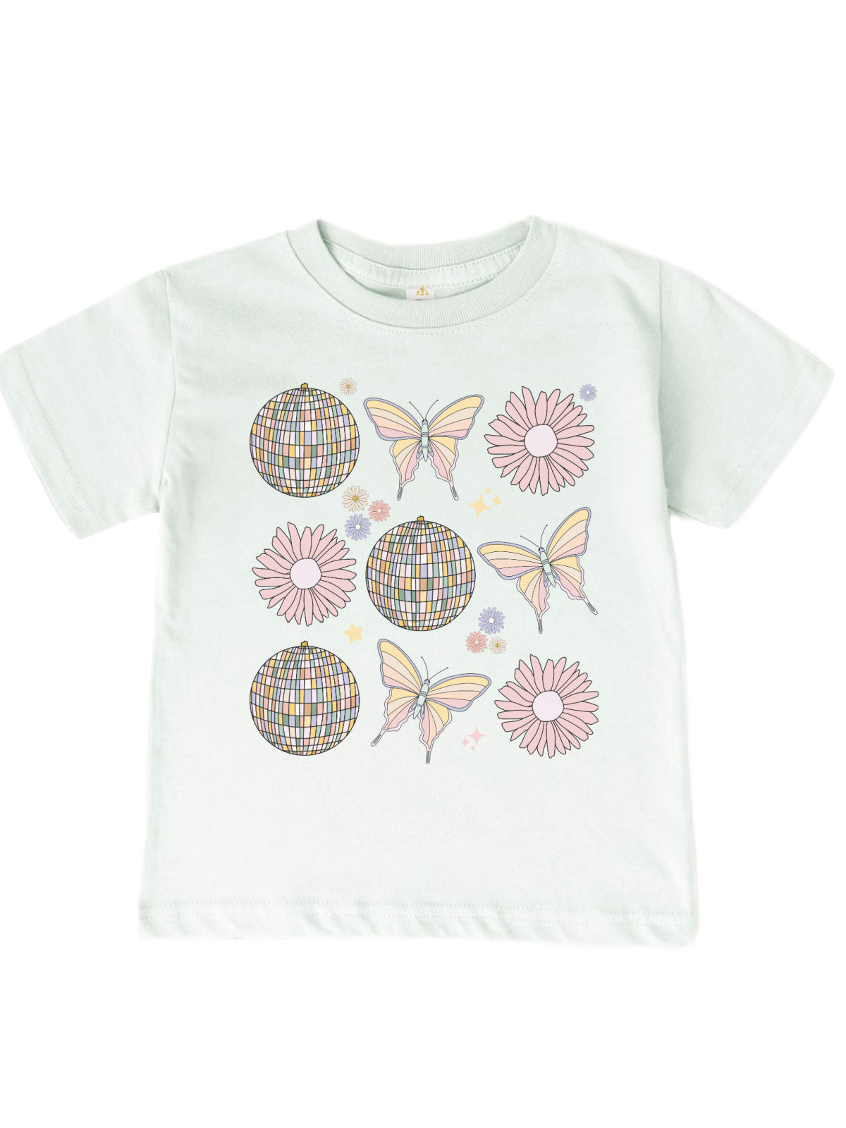 Girls' spring shirt in blush pink featuring pastel butterflies, disco balls, and daisies. Soft 100% cotton, unisex fit, perfect for Easter and spring outfits.