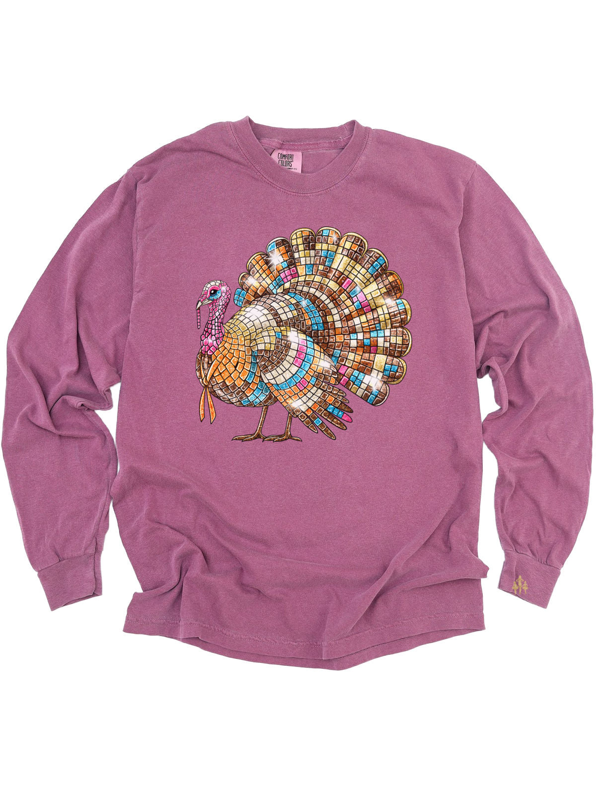 Disco ball turkey women's Thanksgiving shirt long sleeve berry pink