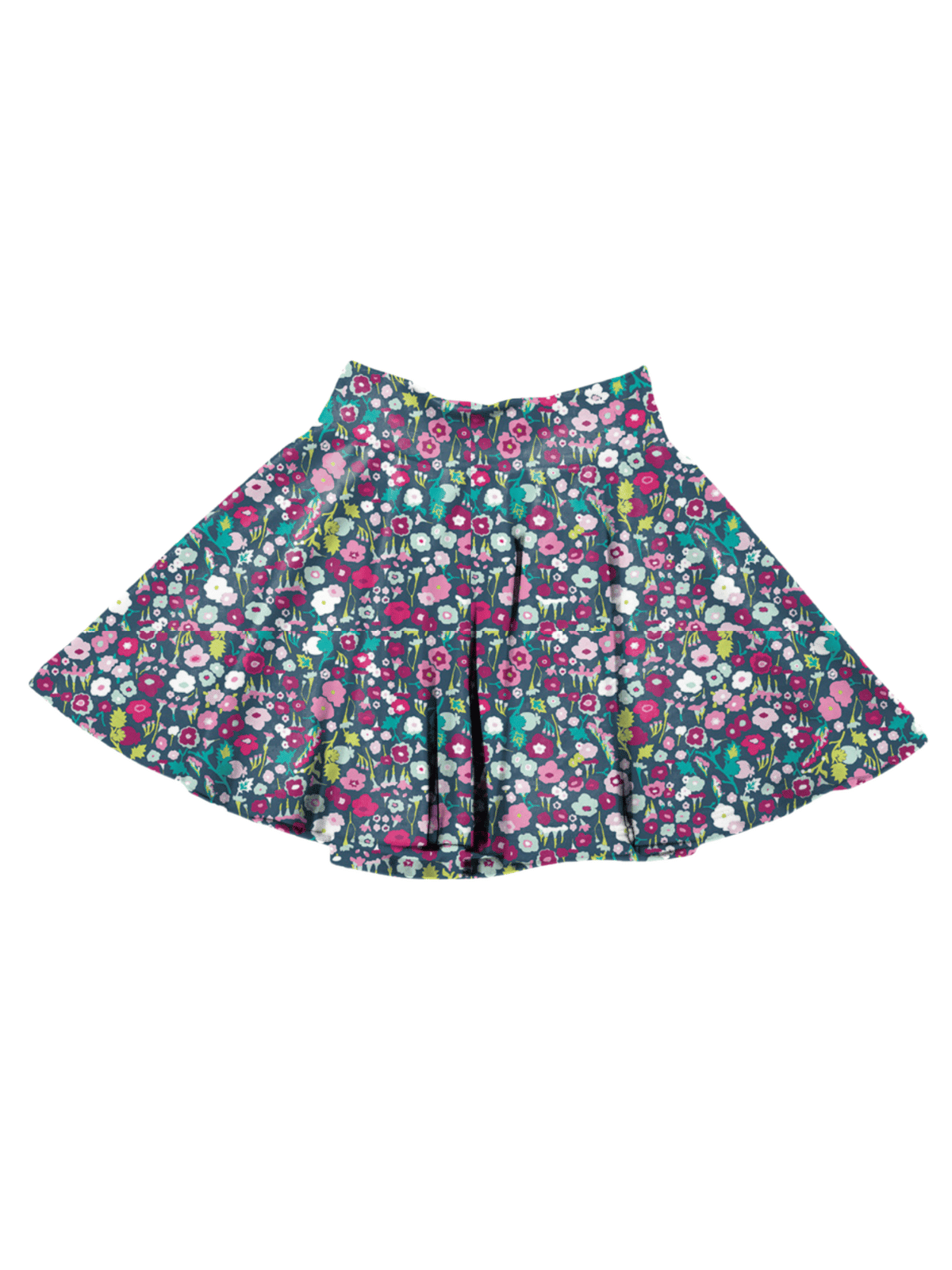 Girls floral circle skirt with pink, teal, and white ditsy flower print on cotton fabric