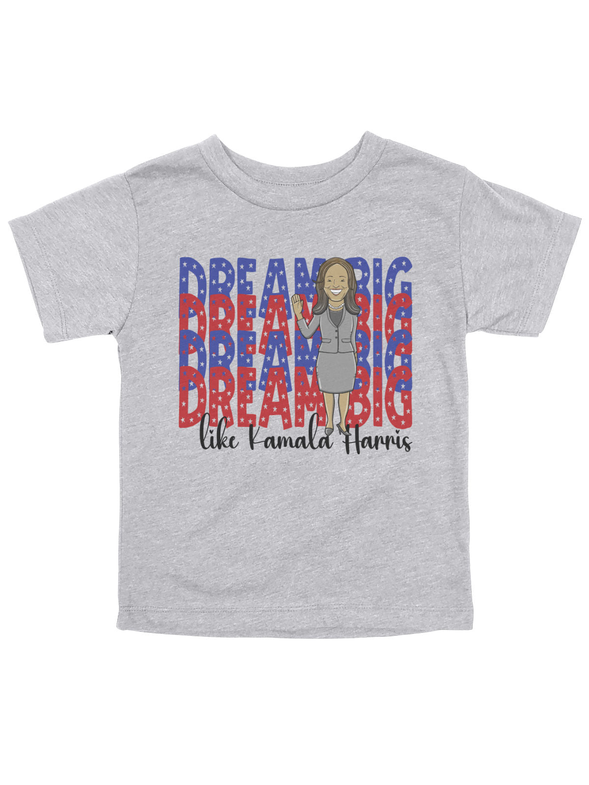 short sleeve heather gray kids shirt with Kamala Harris graphic and the words Dream Big