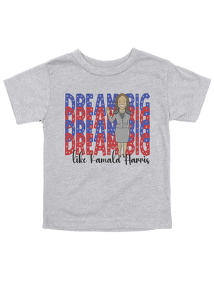 short sleeve heather gray kids shirt with Kamala Harris graphic and the words Dream Big