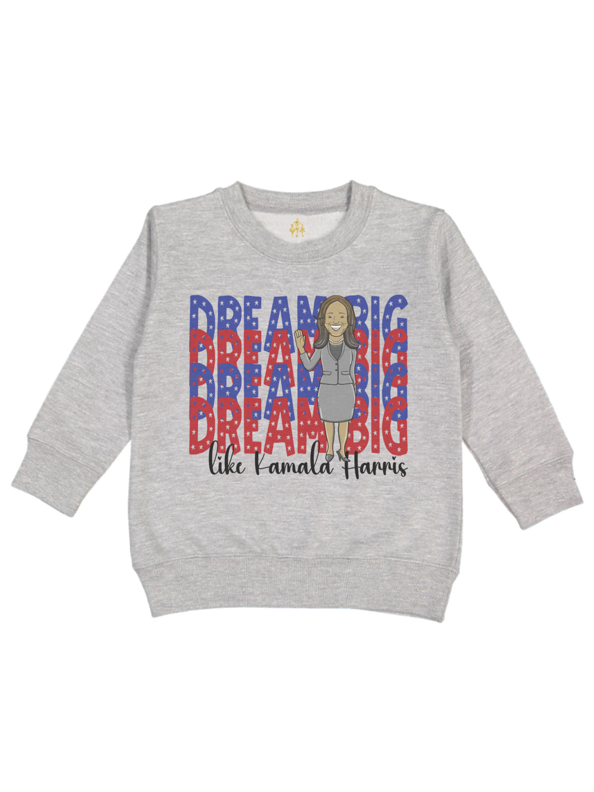 long sleeve heather gray unisex kids sweatshirt with drawing of Kamala Harris pledging and Dream Big in red and blue letters