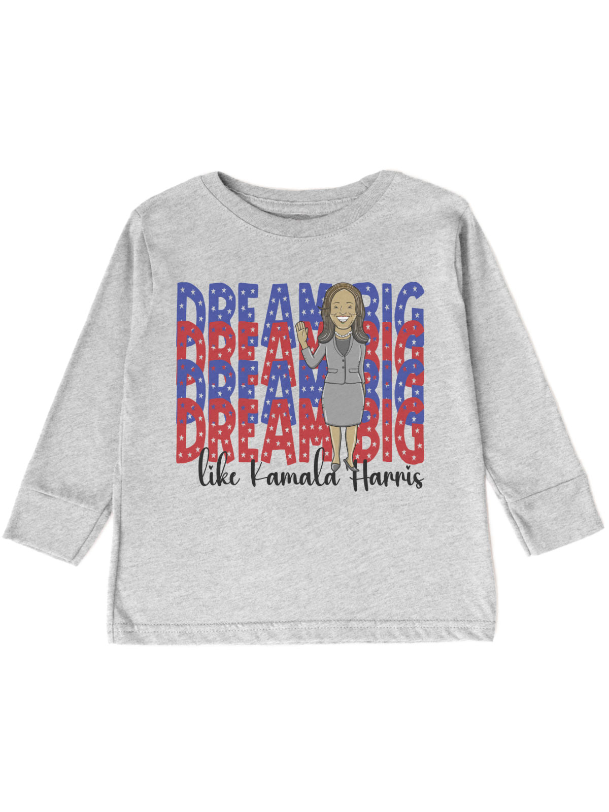 short sleeve heather gray kids shirt with Kamala Harris graphic and the words Dream Big