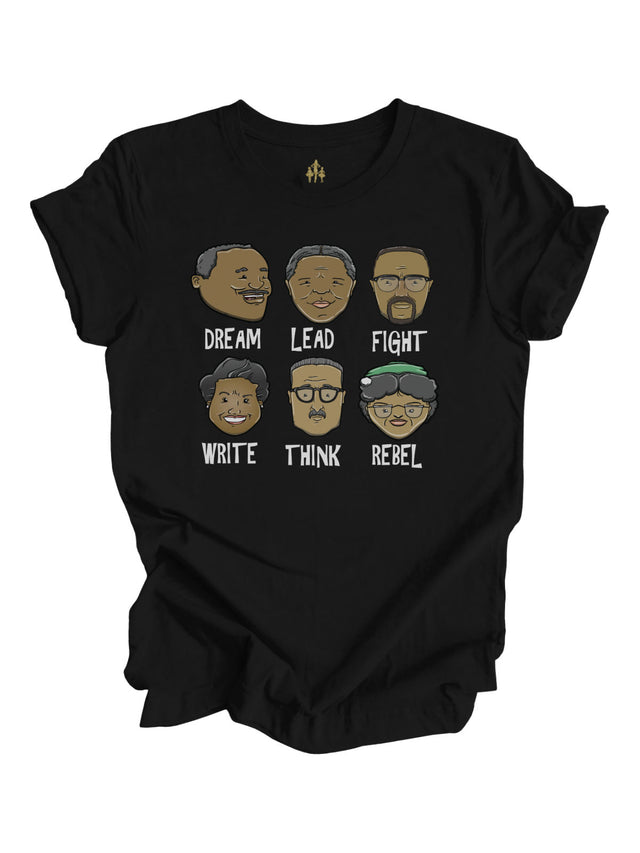 Short sleeve adult black shirt with Martin Luther King Jr., Harriet Tubman, Malcolm X, Maya Angelou, Marcus Garvey, Rosa Parks