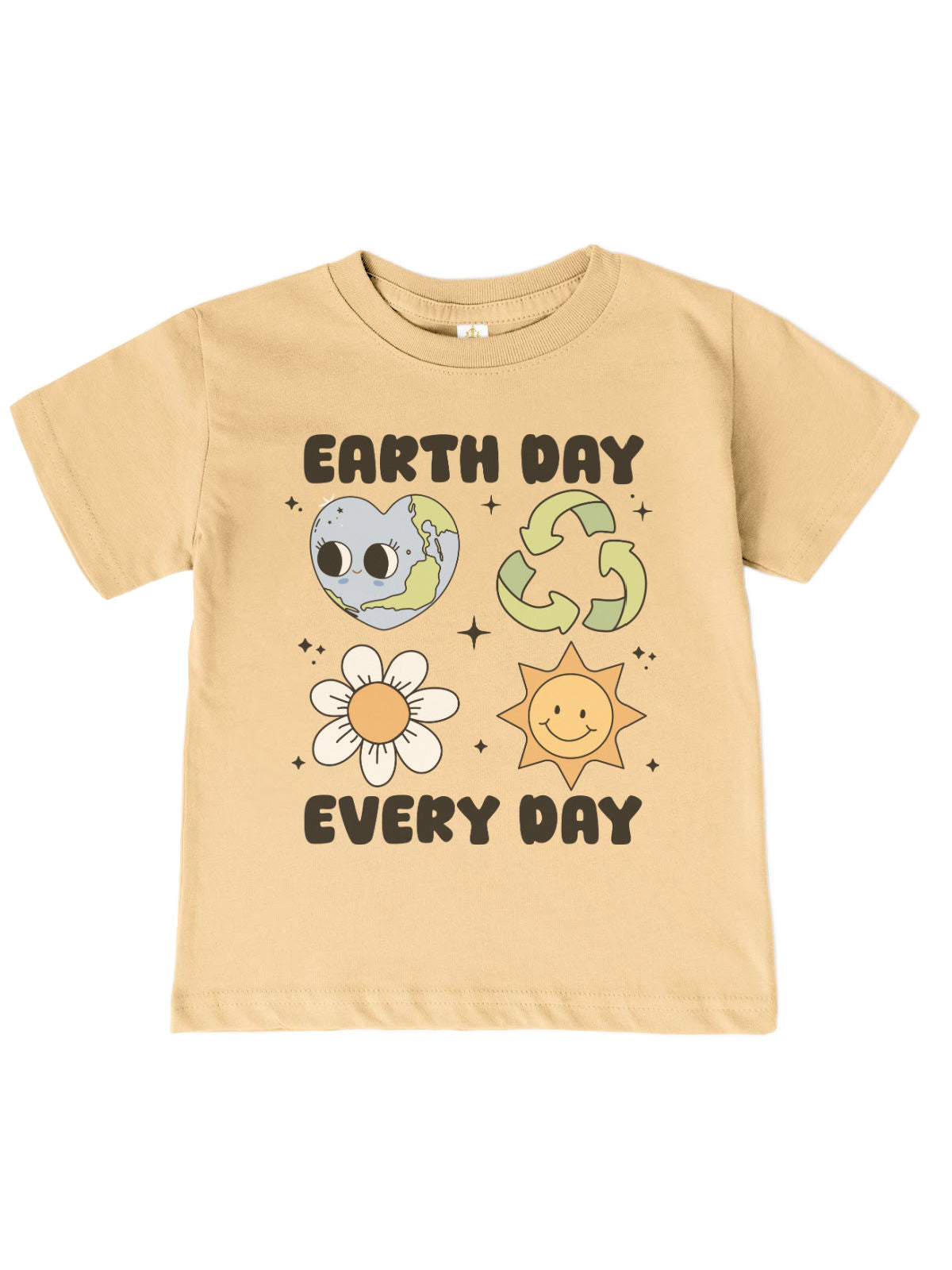 Latte "Earth Day Every Day" kids Earth Day shirt with sun, flower, recycle, and globe illustrations