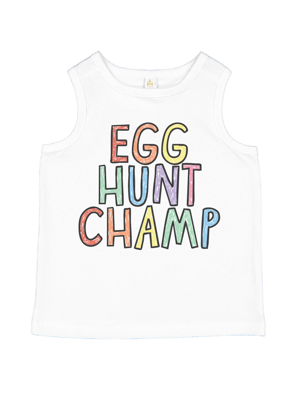 "Egg Hunt Champ" kids Easter shirt in white, sleeveless cotton tank top with colorful rainbow text. Perfect for spring and Easter egg hunts.

