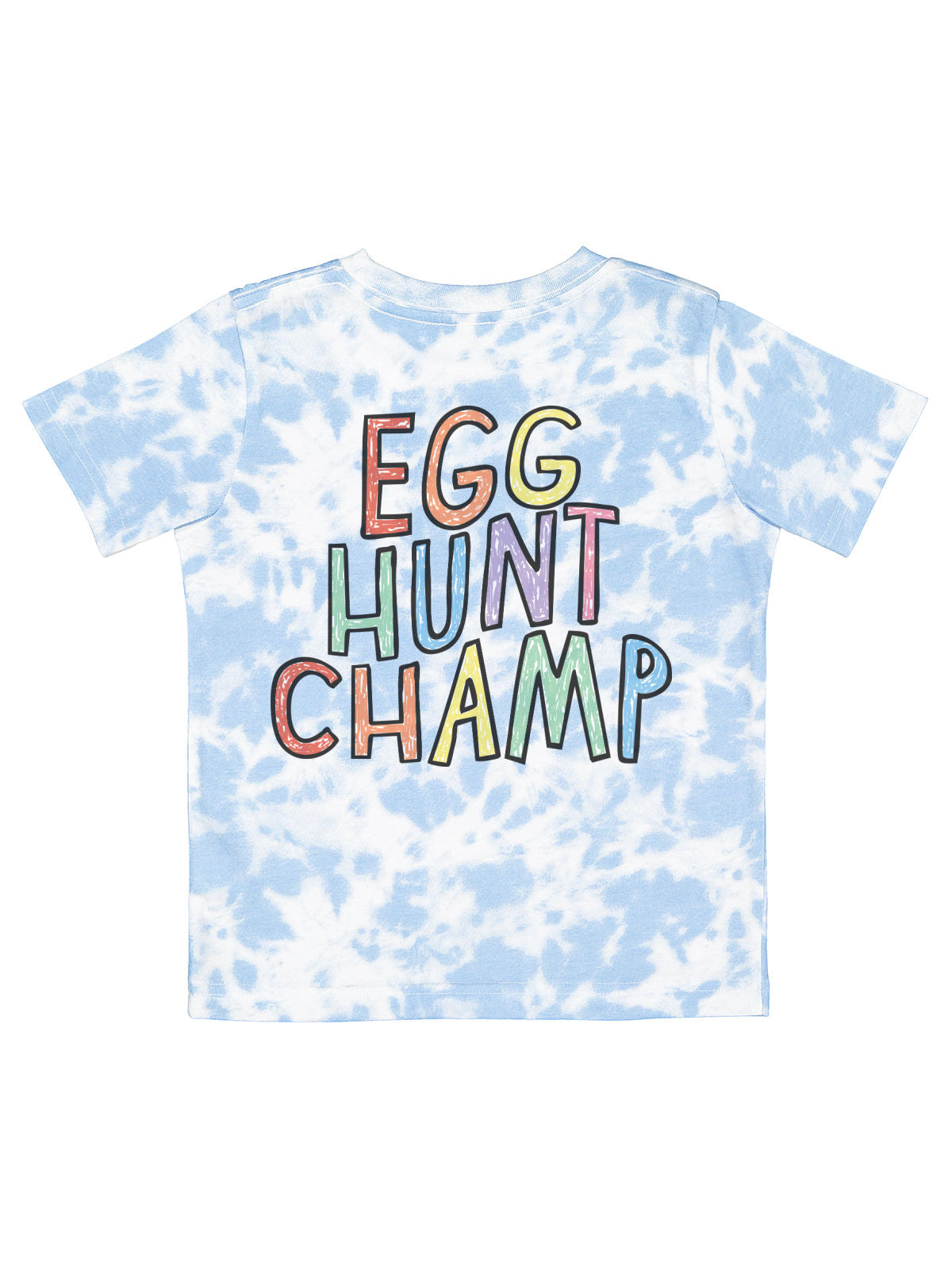 Kids Easter shirt with "Egg Hunt Champ" rainbow text on the back, in sky blue tie-dye. Short sleeve, 100% cotton, unisex fit.