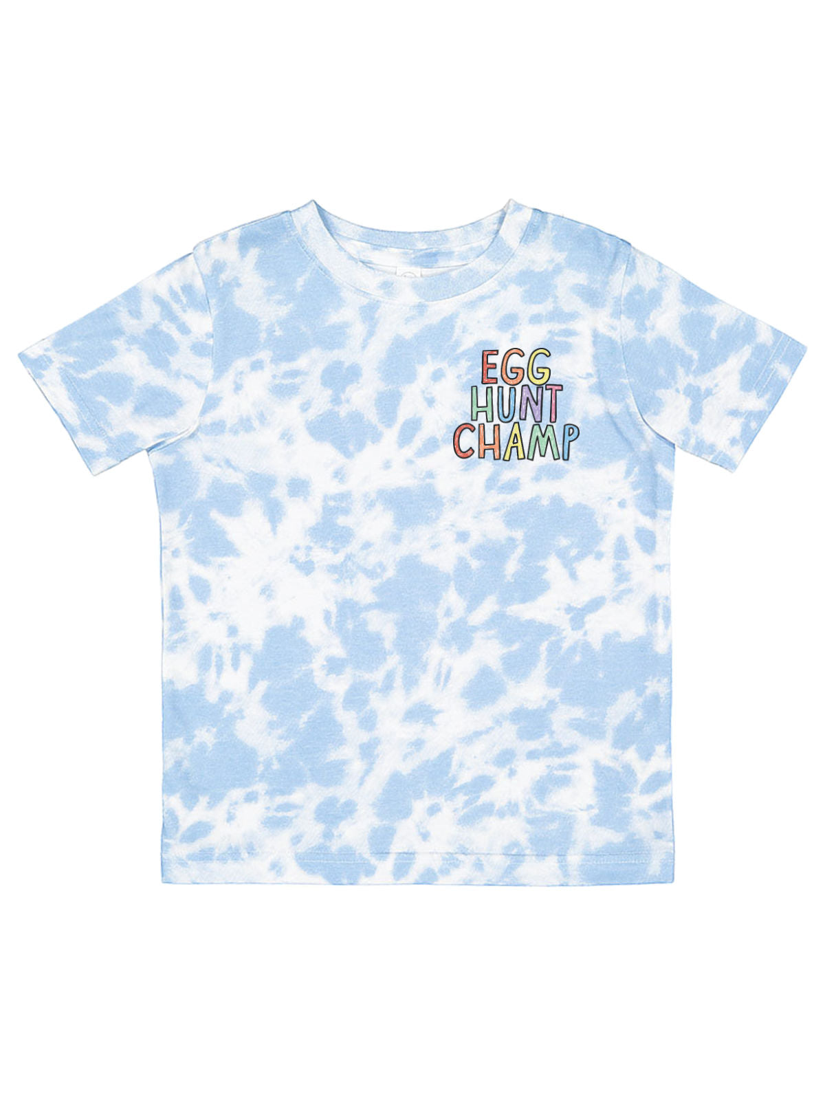 Kids Easter shirt with "Egg Hunt Champ" rainbow text on the back, in sky blue tie-dye. Short sleeve, 100% cotton, unisex fit.