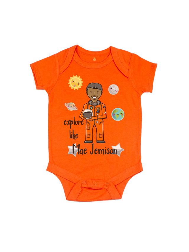 Orange baby onesie with space-themed design and text on a white background