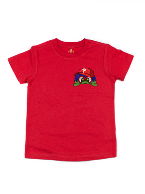 Philly kids shirt with small baseball mascot pocket design on red tee