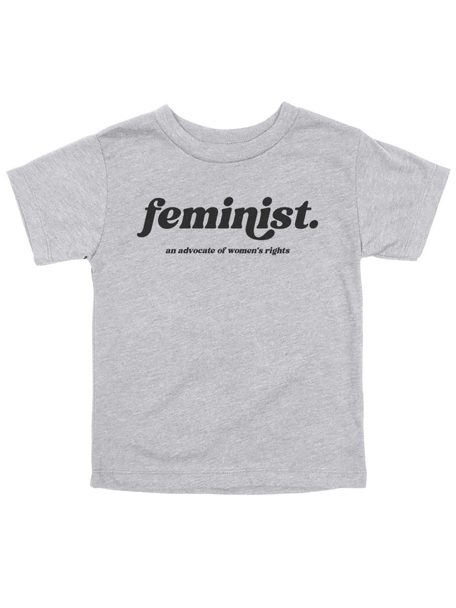 short sleeve heather gray kids shirt that reads Feminist. an advocate of women's rights in retro font