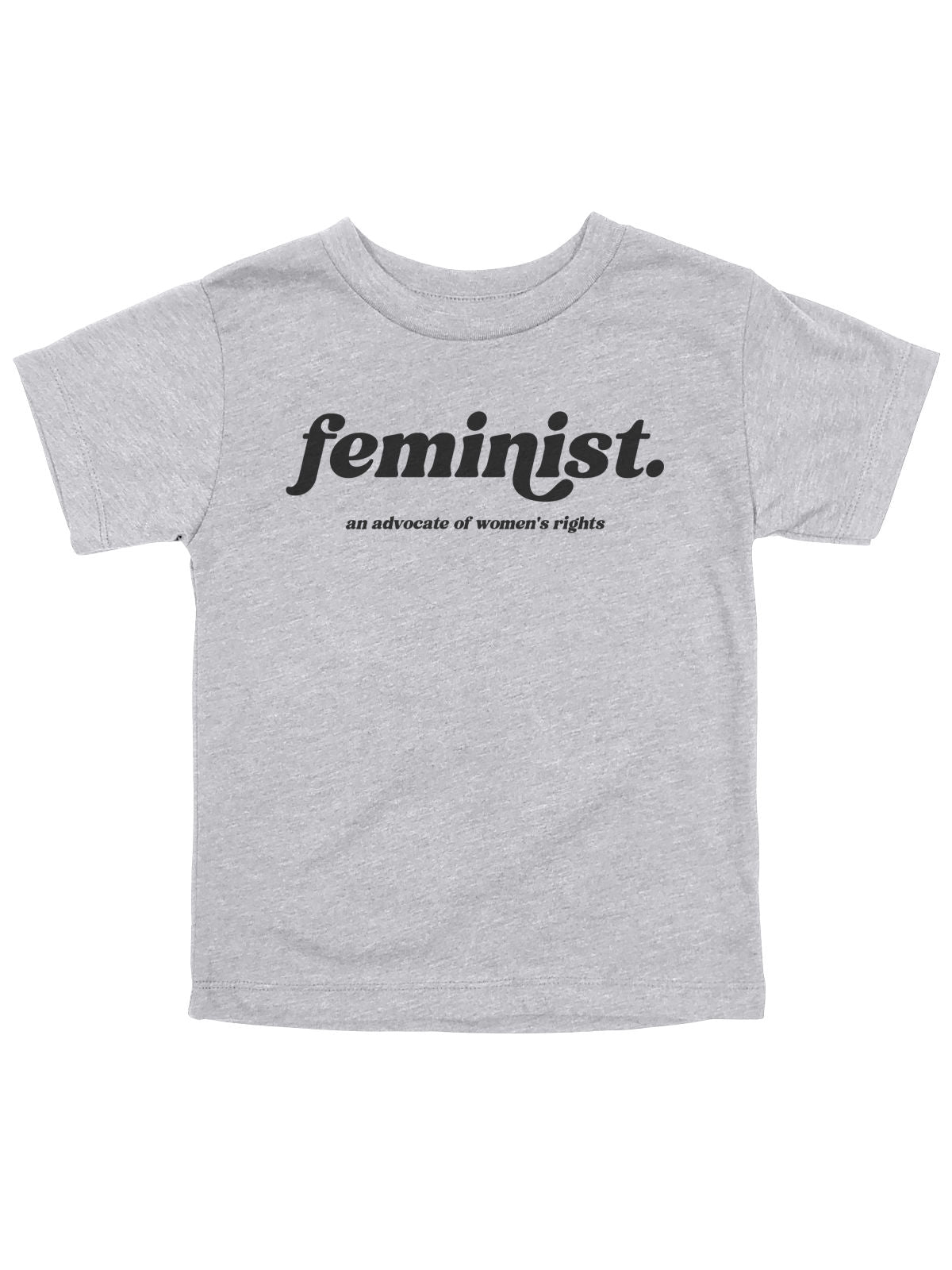 long sleeve heather gray kids shirt that reads Feminist. an advocate of women's rights in retro font