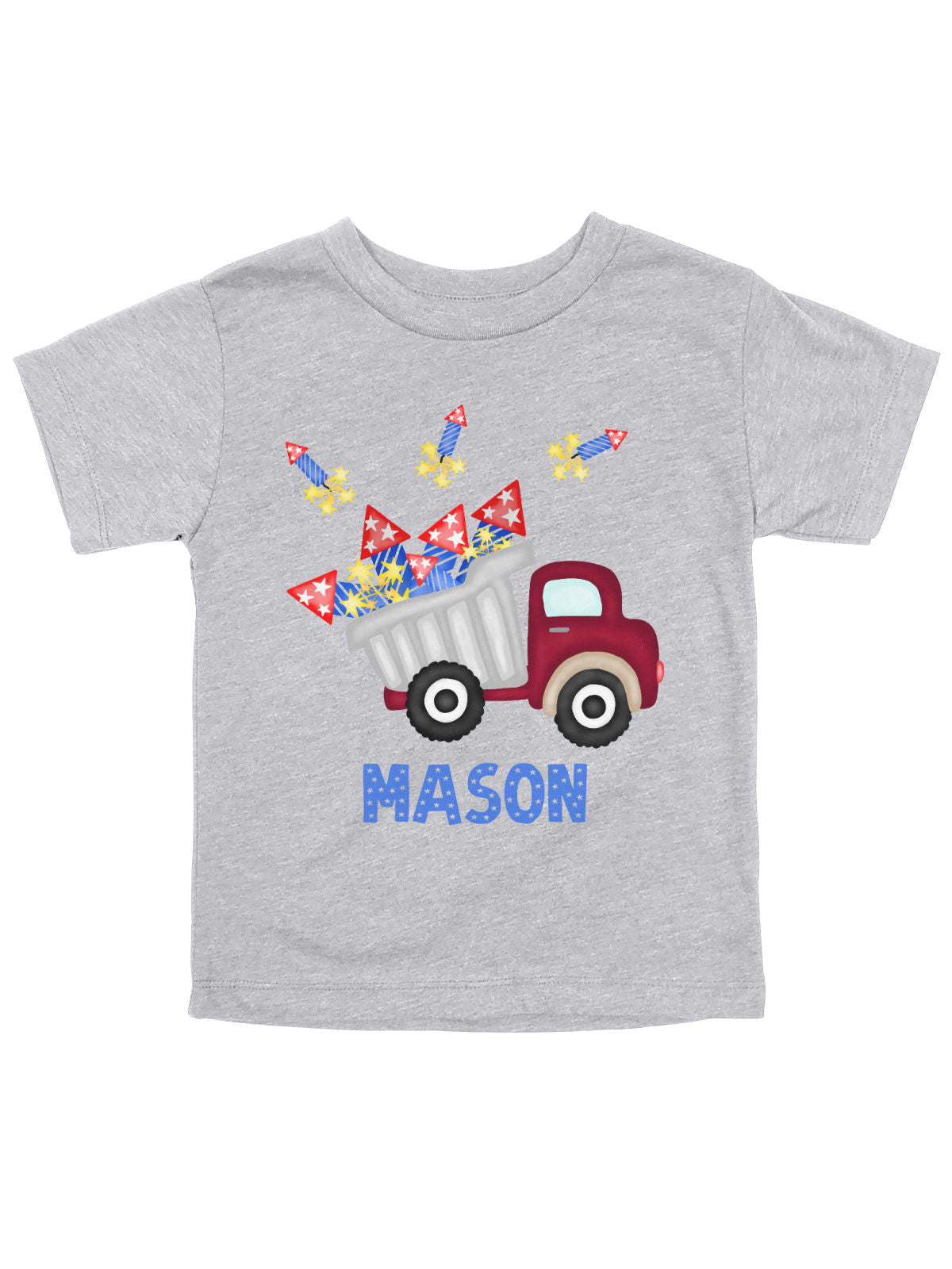 Heather gray kids t-shirt with red dump truck carrying fireworks and personalized name “Mason” in blue patriotic font
