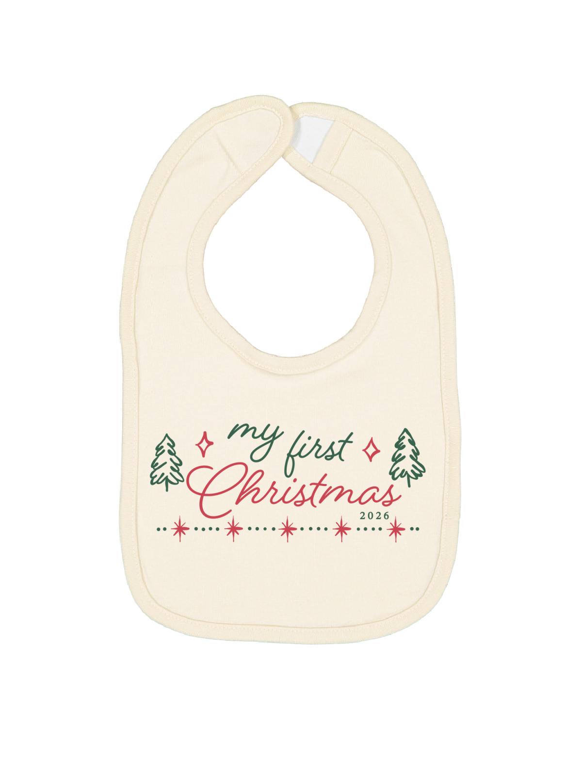A red baby bib with white printed text reading 'my first Christmas 2023' and small Christmas tree and star illustrations, shown on a plain white background.