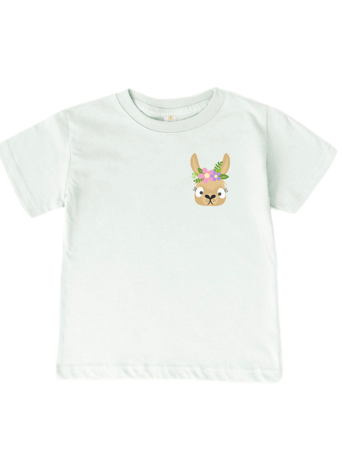 Mint green kids t-shirt with cute llama face and floral crown – girls back to school animal shirt