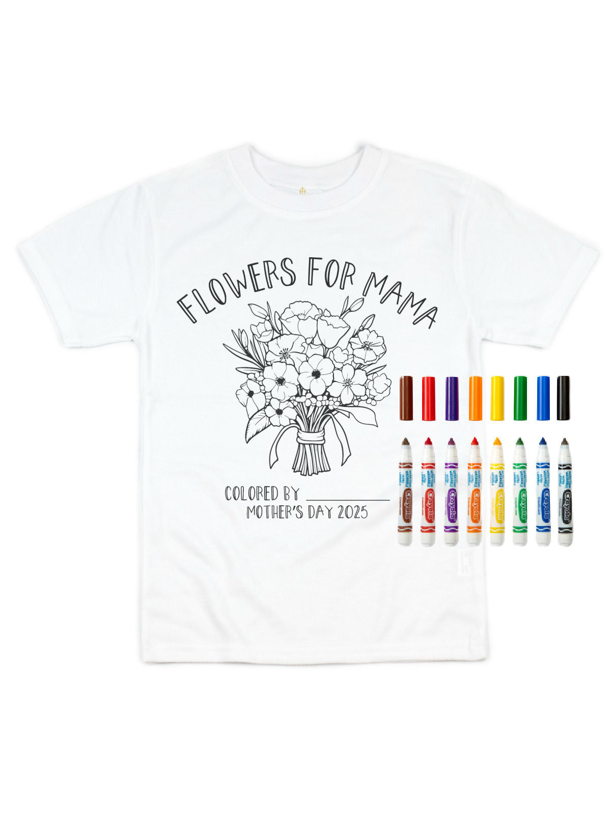 White kids short sleeve coloring shirt with "Flowers for Mama" bouquet design and "Colored by" line for Mother’s Day 2025