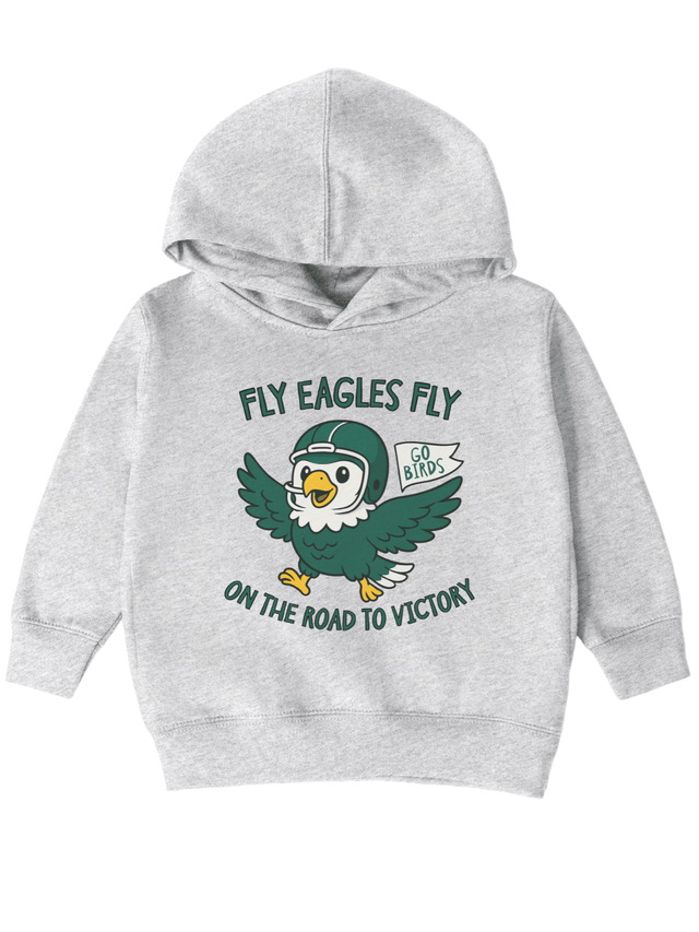 Heather gray kids hoodie with “Fly Eagles Fly” cartoon eagle Philly football design