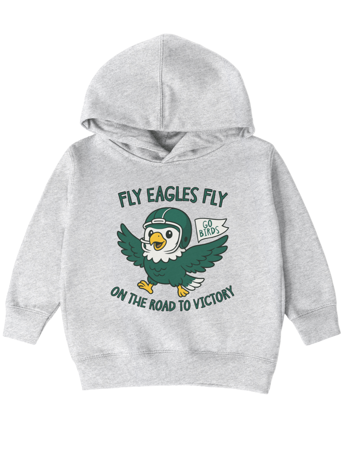 A toddler-sized light heather gray pullover hoodie featuring a green and white cartoon eagle mascot wearing a football helmet, with the text 'FLY EAGLES FLY ON THE ROAD TO VICTORY' and a small 'GO EAGLES' banner.