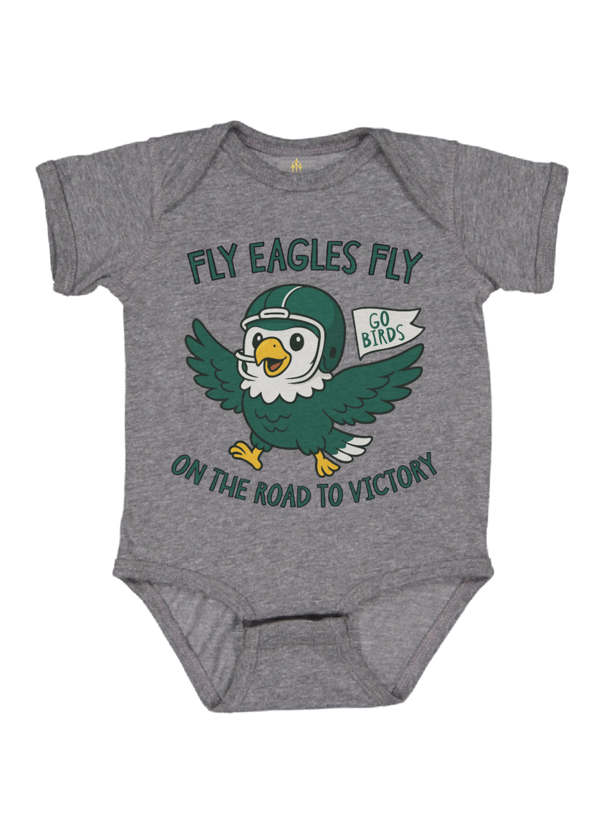 A long-sleeve baby bodysuit in heather gray, featuring a green and yellow cartoon eagle graphic with the text 'FLY EAGLES FLY ON THE ROAD TO VICTORY' and a small 'GO BIRDS' banner.