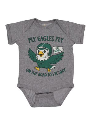 A heather gray short-sleeve baby bodysuit featuring a green and white cartoon eagle mascot wearing a football helmet, with the text 'FLY EAGLES FLY' above and 'ON THE ROAD TO VICTORY' below, plus a small 'GO BIRDS' banner.