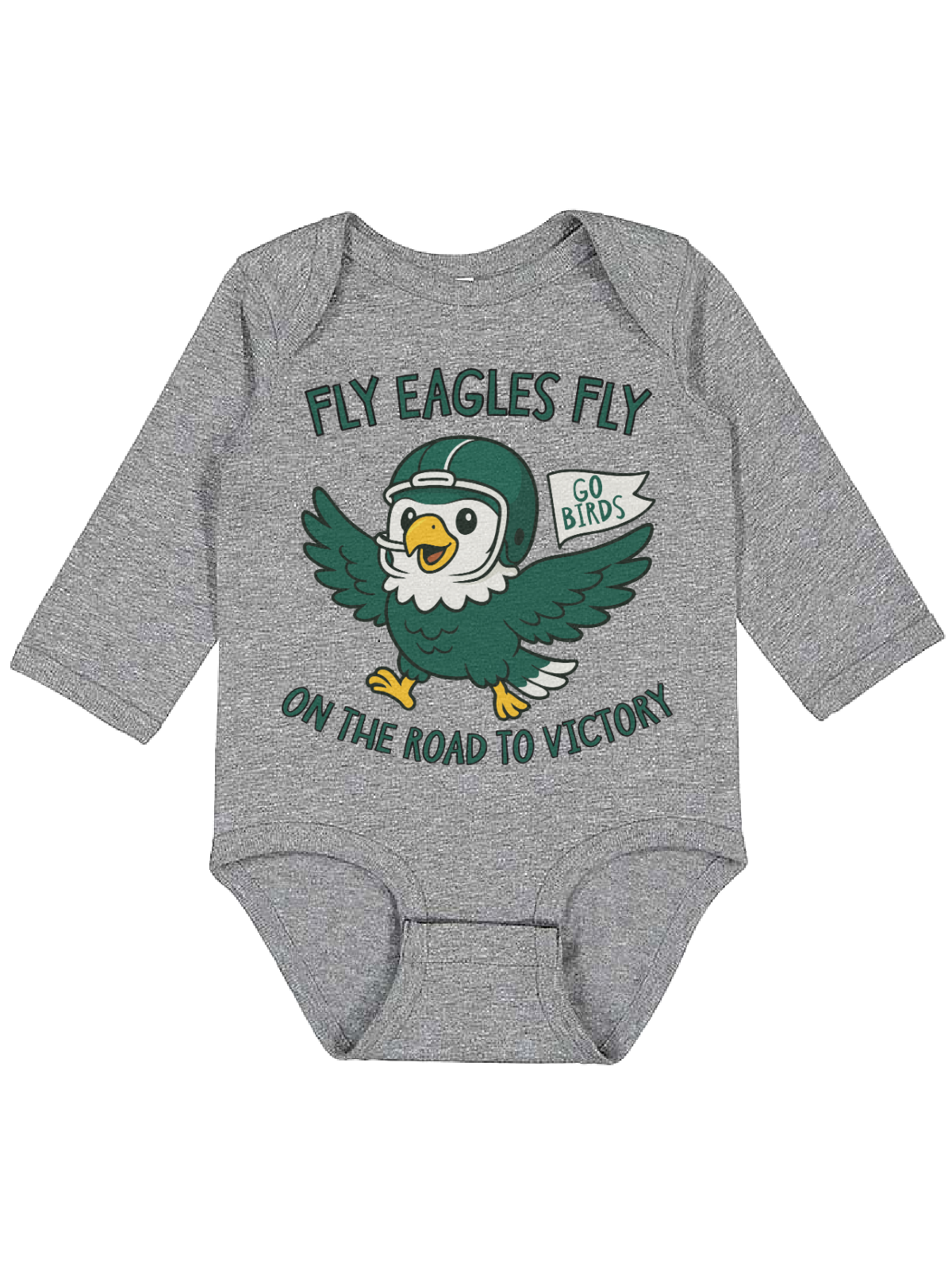 A long-sleeve baby bodysuit in heather gray, featuring a green and yellow cartoon eagle graphic with the text 'FLY EAGLES FLY ON THE ROAD TO VICTORY' and a small 'GO BIRDS' banner.