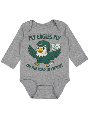 A long-sleeve baby bodysuit in heather gray, featuring a green and yellow cartoon eagle graphic with the text 'FLY EAGLES FLY ON THE ROAD TO VICTORY' and a small 'GO BIRDS' banner.