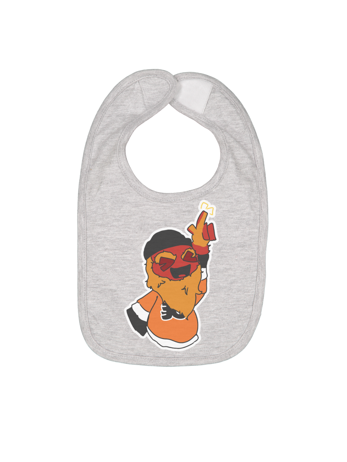 A black baby bib featuring a cartoon graphic of a dancing chicken in an orange outfit with sunglasses, set against a plain white background.