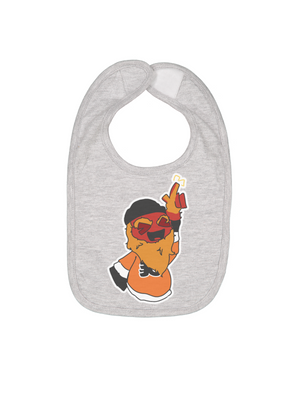 A light heather gray baby bib featuring a cartoon graphic of a chicken character wearing sunglasses and a black beanie, making a middle finger gesture.