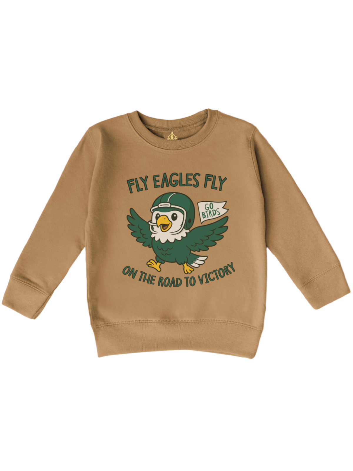 A tan crewneck sweatshirt featuring a green and white cartoon eagle mascot wearing a football helmet, with the text 'FLY EAGLES FLY ON THE ROAD TO VICTORY' and a small 'GO EAGLES' banner.