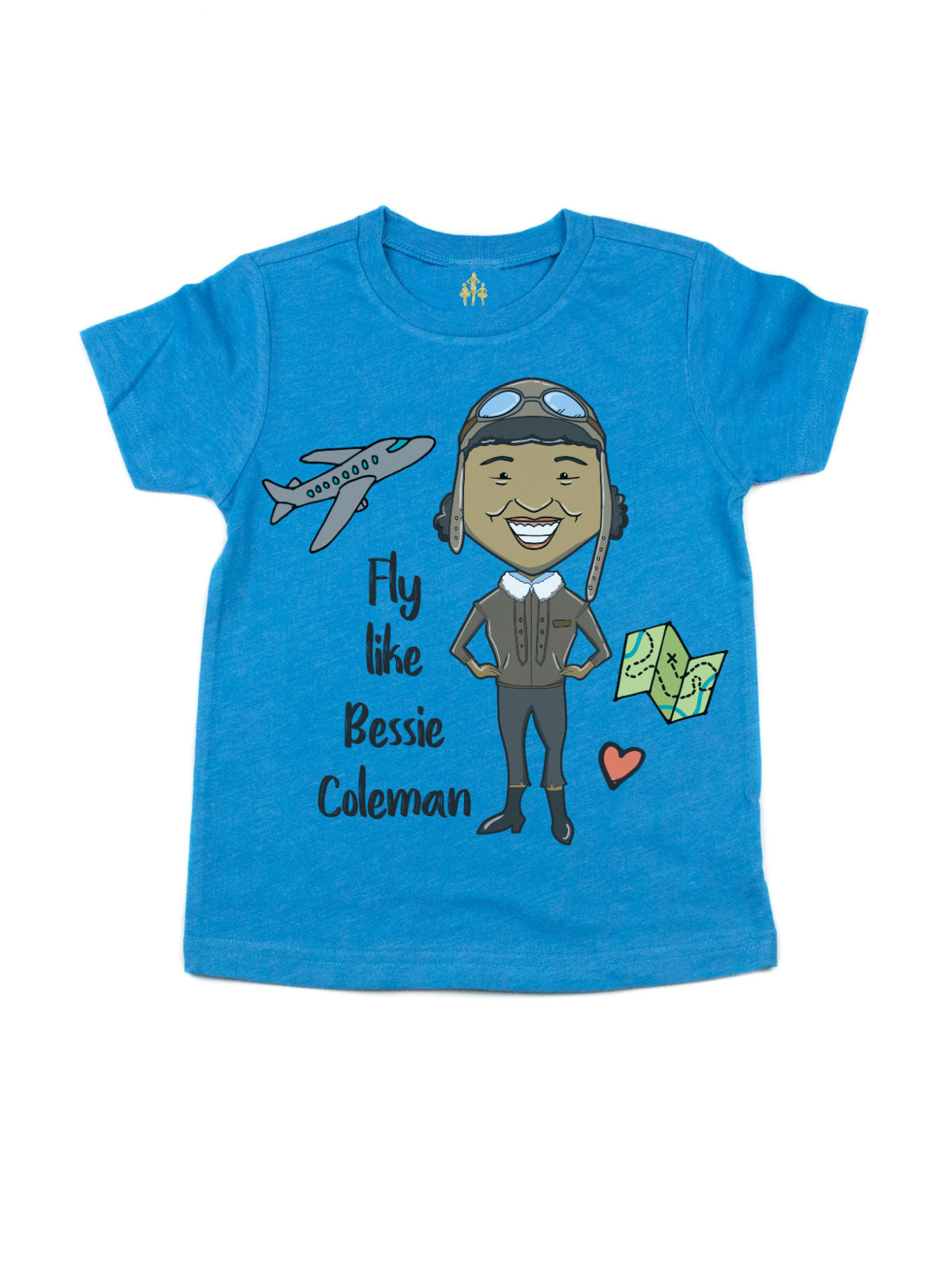 Blue kids t shirt short sleeve with Bessie Coleman, air plane, map, and heart. Fly like Bessie Coleman