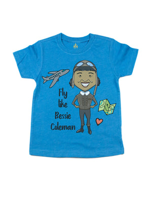 Blue kids t shirt short sleeve with Bessie Coleman, air plane, map, and heart. Fly like Bessie Coleman