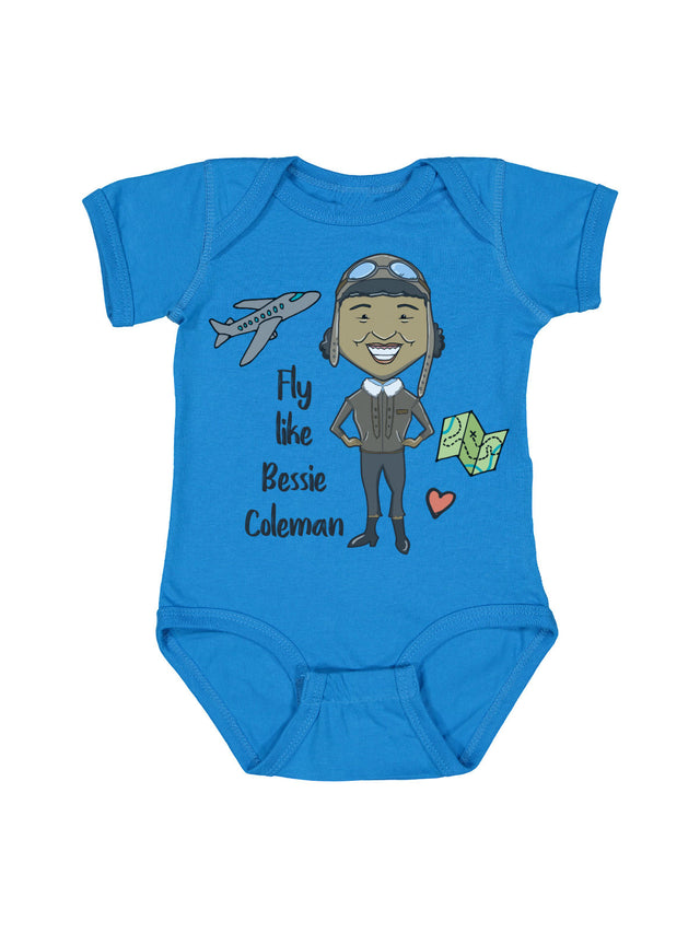 Blue short sleeve infant one piece Bessie Coleman, air plan, map, red heart Fly like Bessie Coleman