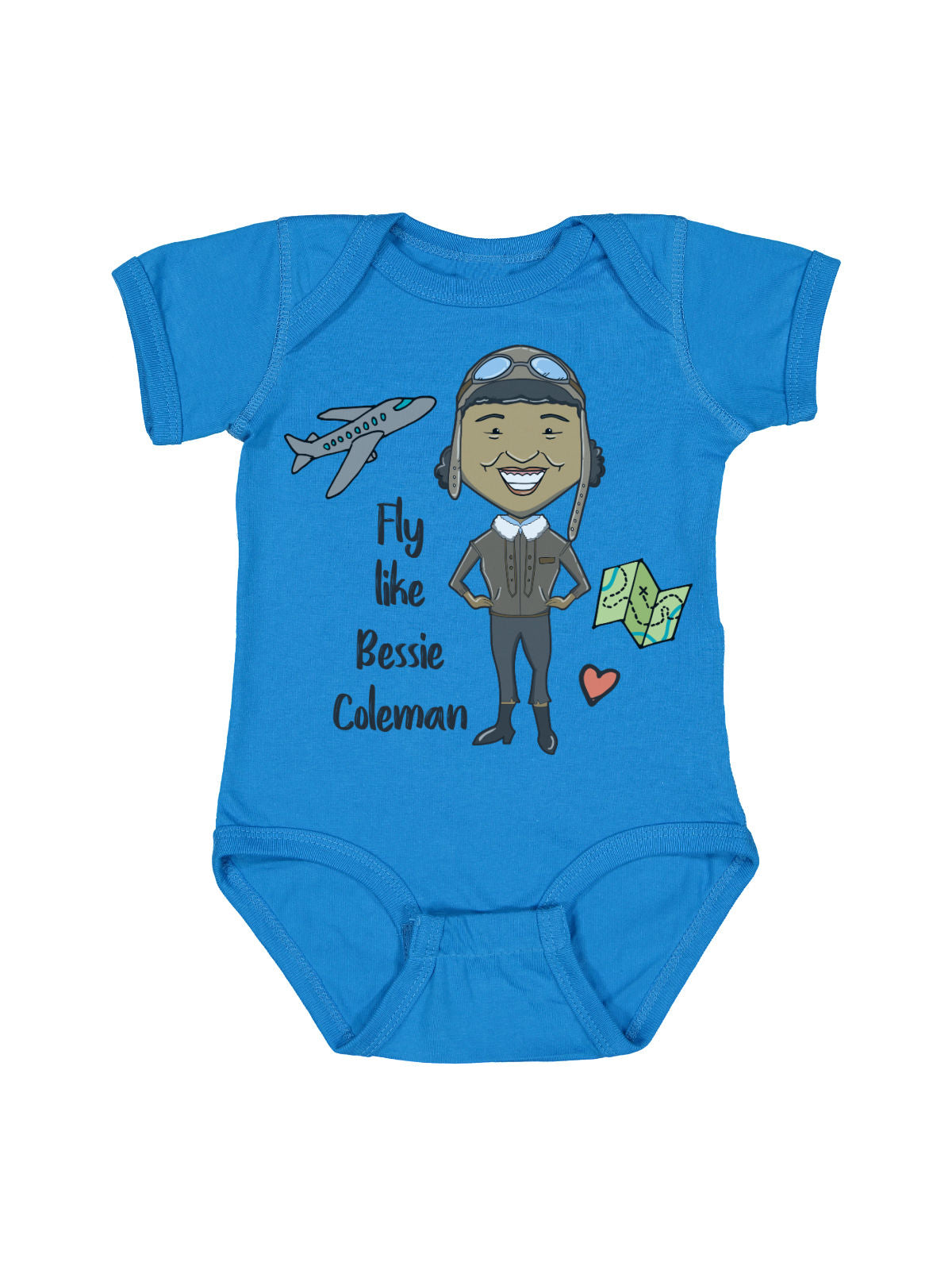 Blue short sleeve infant one piece Bessie Coleman, air plan, map, red heart Fly like Bessie Coleman