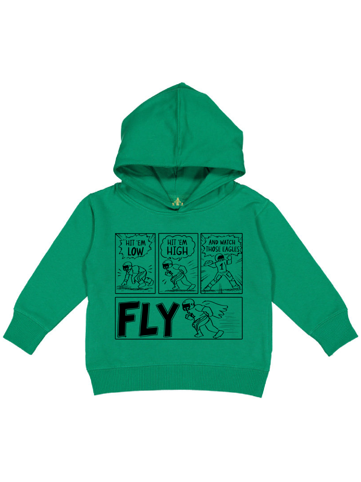 A bright green toddler hoodie with a black graphic print on the front. The graphic features a three-panel comic strip above the word 'FLY' in large block letters, with a cartoon winged figure running underneath.