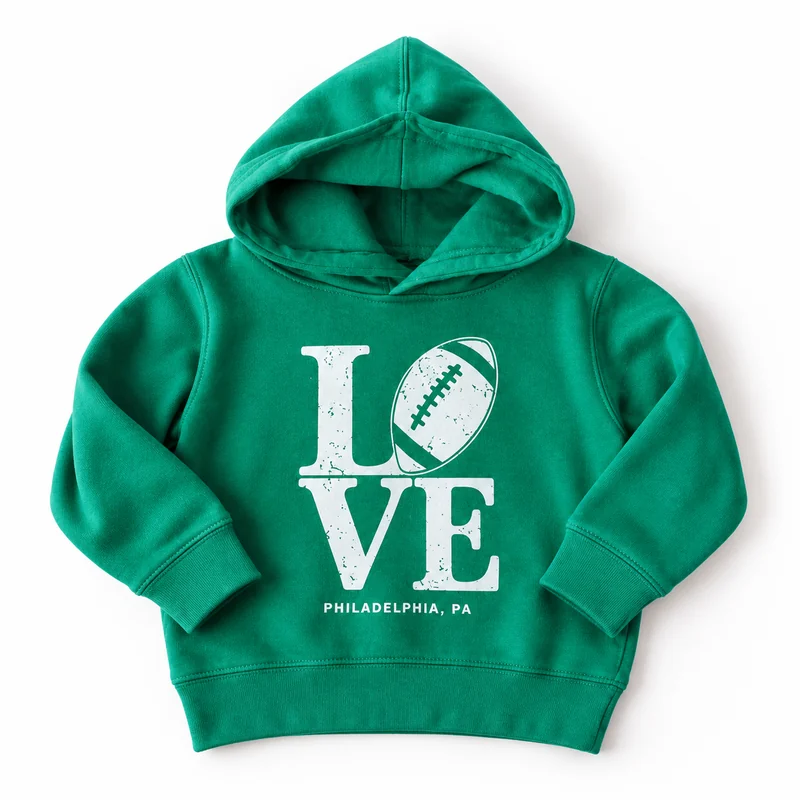 Bright green kids hoodie long sleeve sweatshirt with LOVE O replaced with a Football and Philadelphia, PA design in white