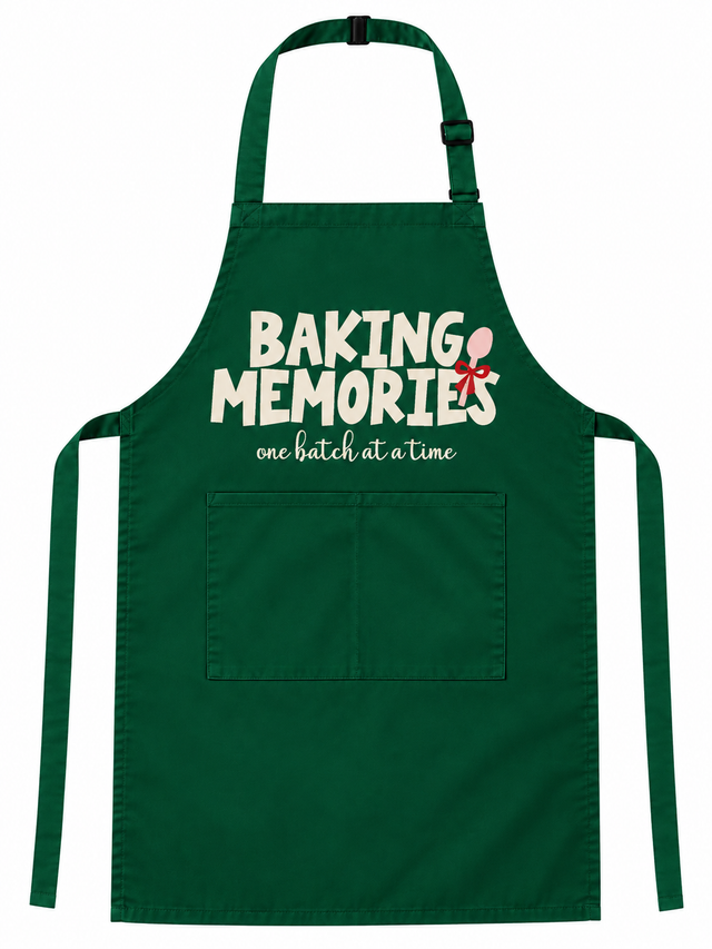 A dark green apron with a front pocket, featuring the text 'BAKING MEMORIES' in white with a small red and white whisk graphic, and the phrase 'one batch at a time' underneath.