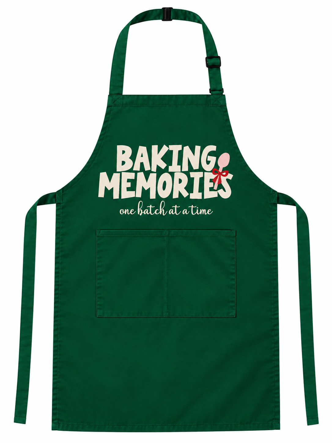 A dark green apron with a front pocket, featuring the text 'BAKING MEMORIES' in white with a small red and white whisk graphic, and the phrase 'one batch at a time' underneath.