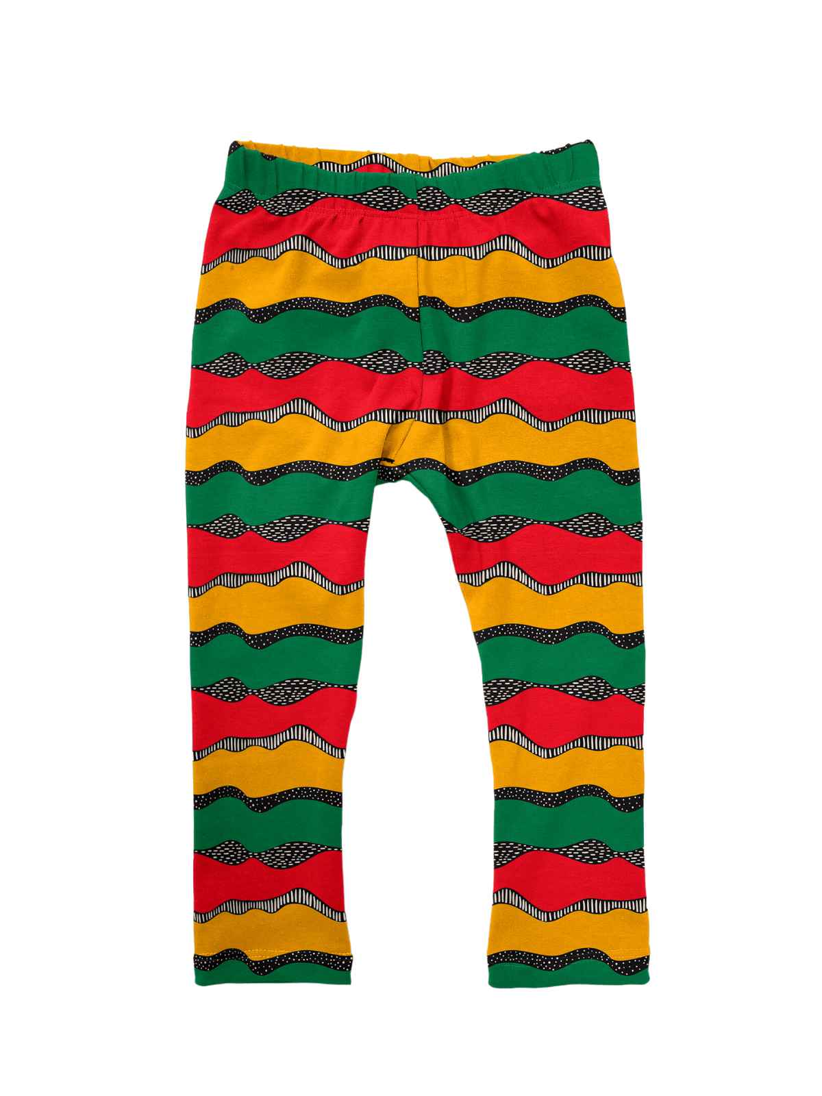 Custom-printed Black History Month leggings featuring bold red, green, and gold wavy patterns.