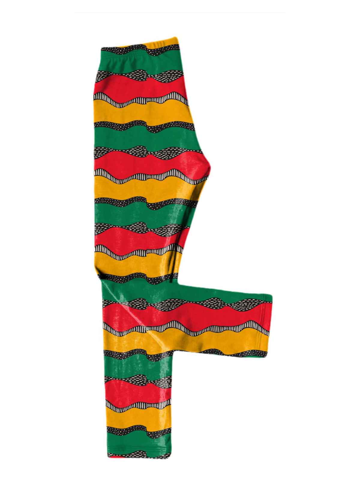 Custom-printed Black History Month leggings featuring bold red, green, and gold wavy patterns.