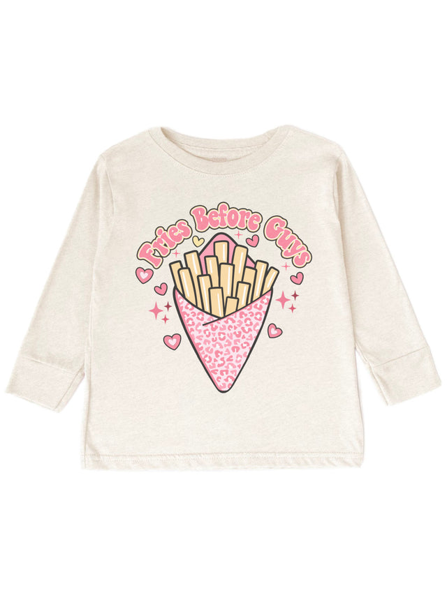 Fries Before Guys kids long sleeve Valentine shirt with leopard print fry container design on natural cotton fabric