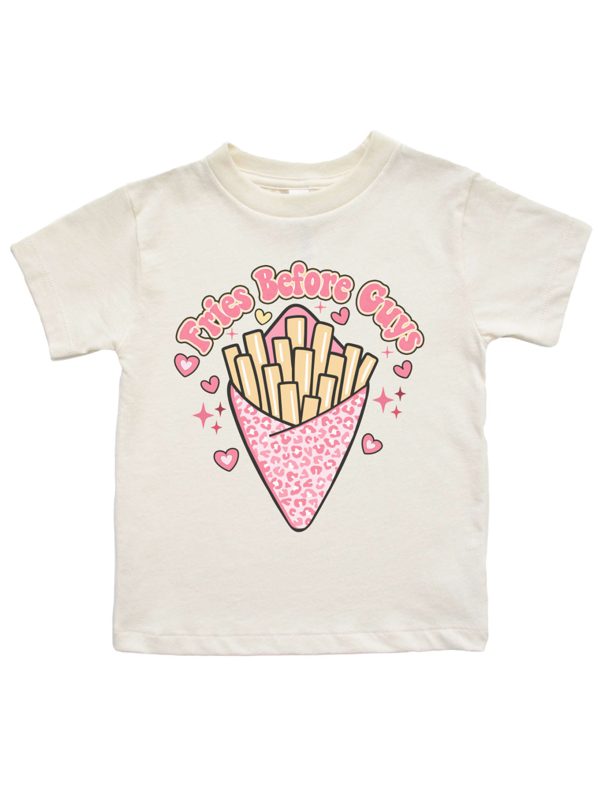 Fries Before Guys kids long sleeve Valentine shirt with leopard print fry container design on natural cotton fabric