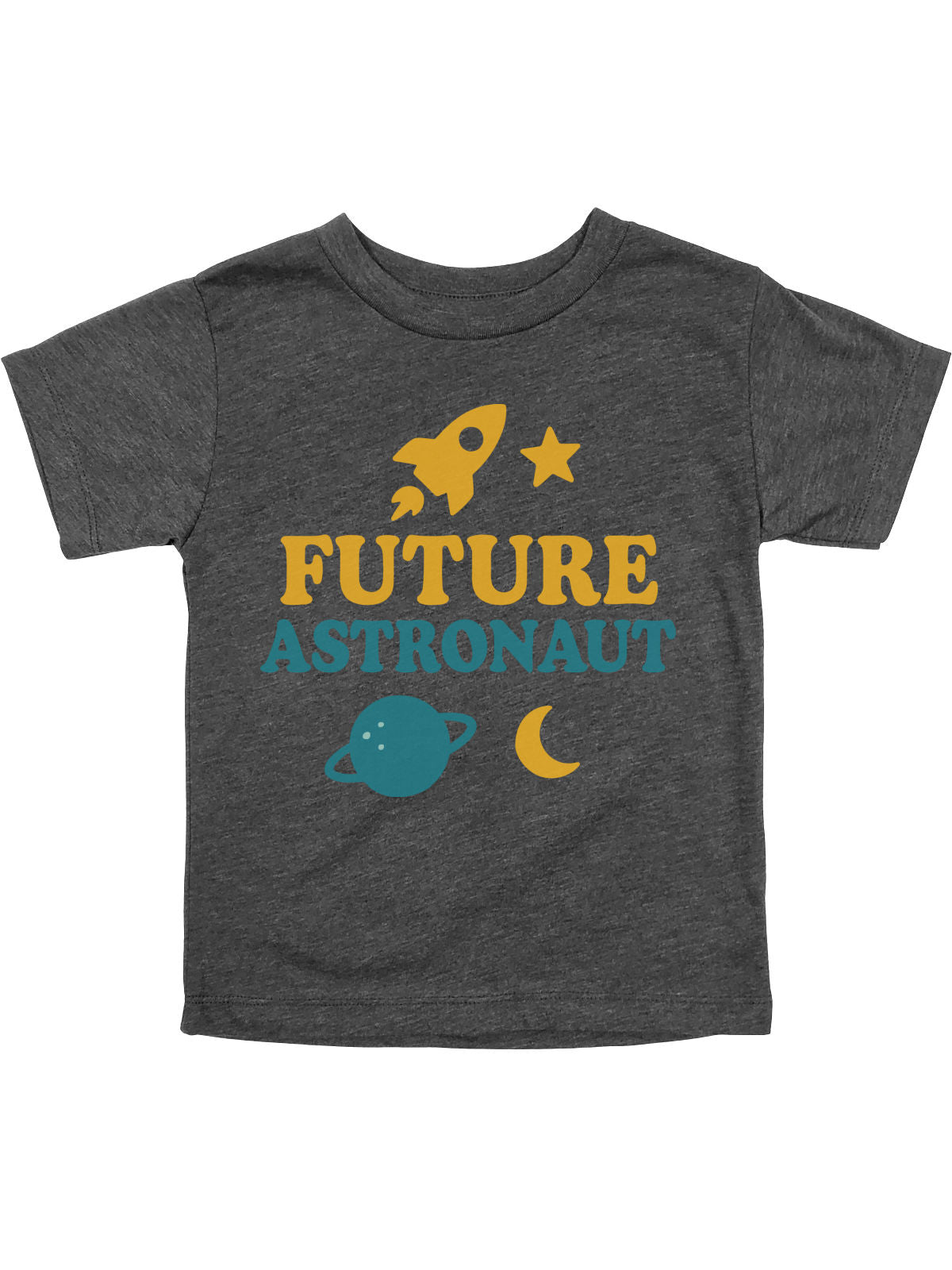Future Astronaut kids dark heather gray shirt with rocket, star, planet, and moon design by Mackenzie Madison of Philadelphia