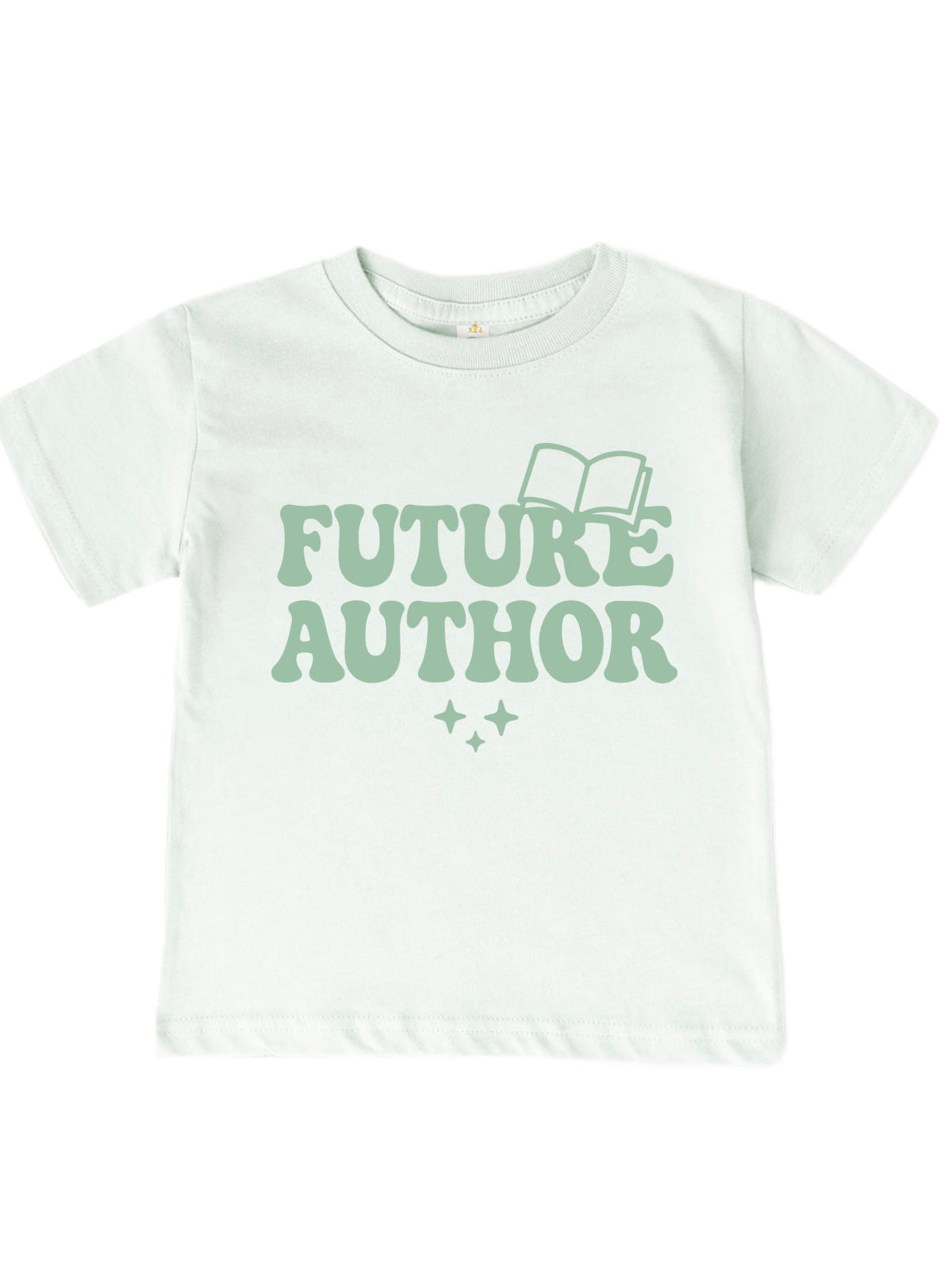 Mint green kids shirt with "Future Author" text and open book graphic