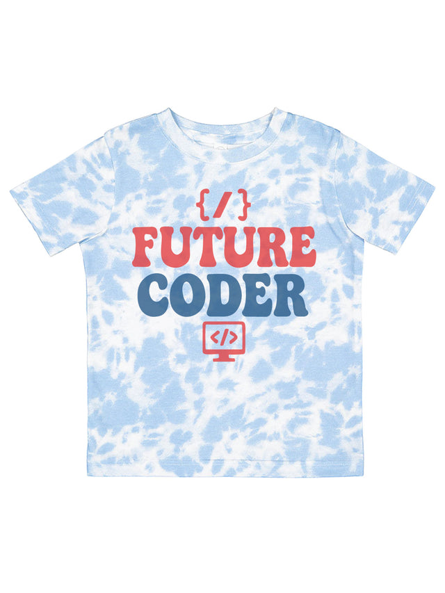 Blue tie-dye kids shirt with "Future Coder" design in red and navy