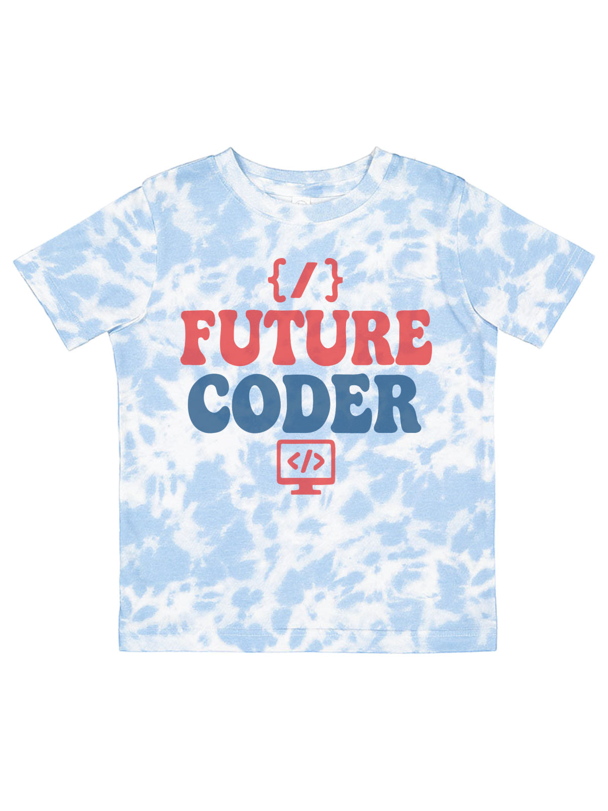 Blue tie-dye kids shirt with "Future Coder" design in red and navy