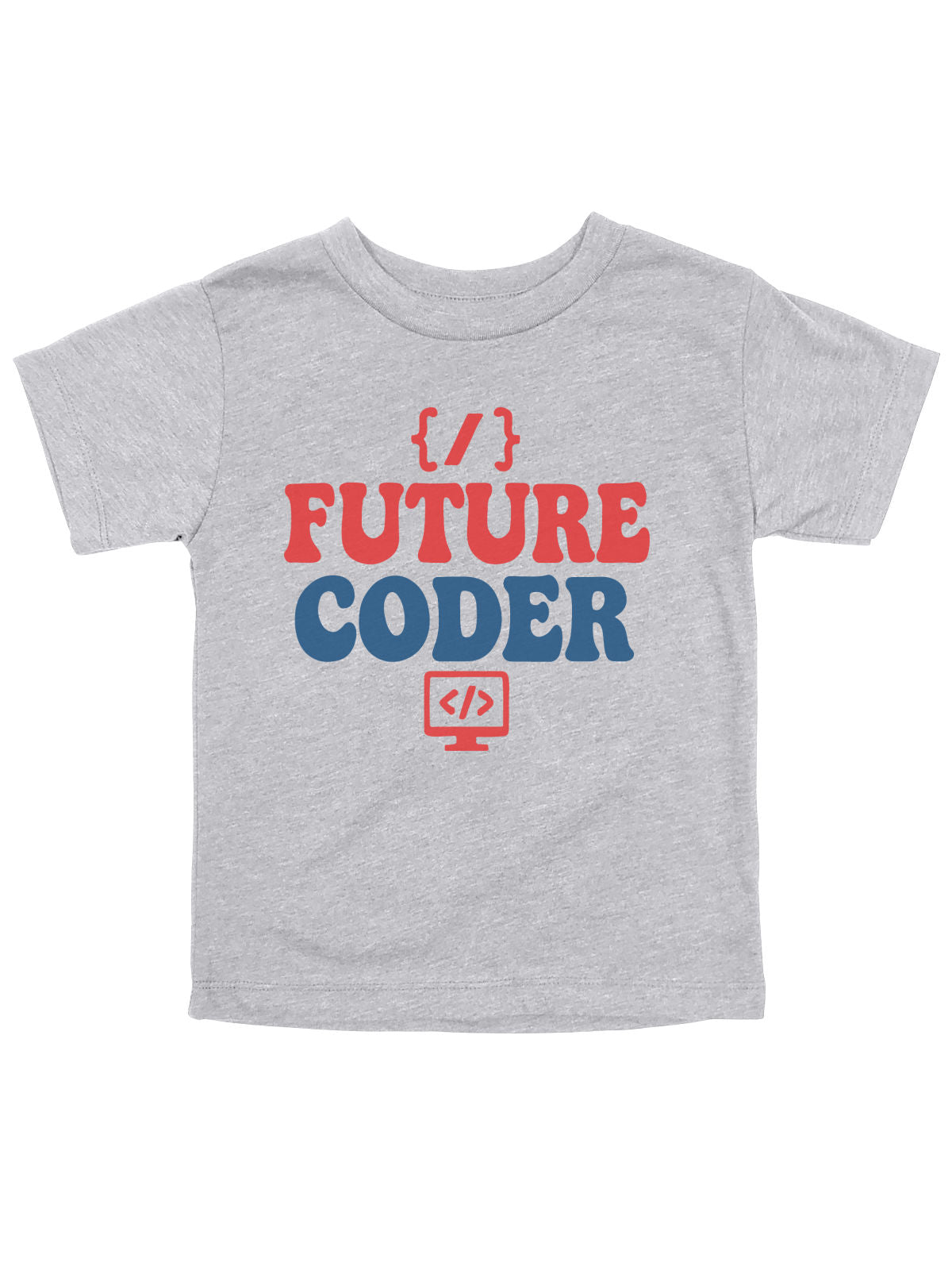 Future Coder kids heather gray t-shirt with red and blue text and computer icon by Mackenzie Madison of Philadelphia