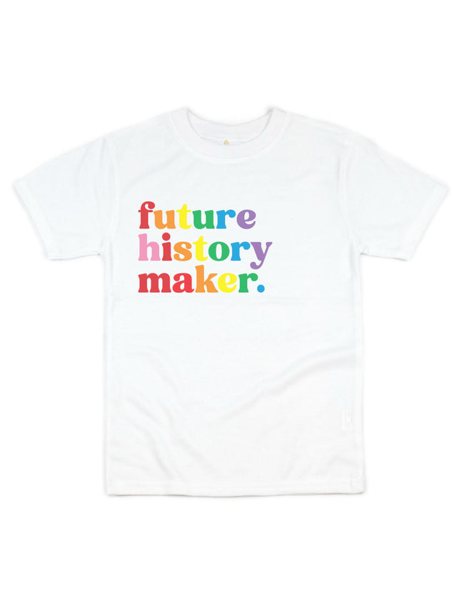 Future History Maker kids' short sleeve white shirt with rainbow text