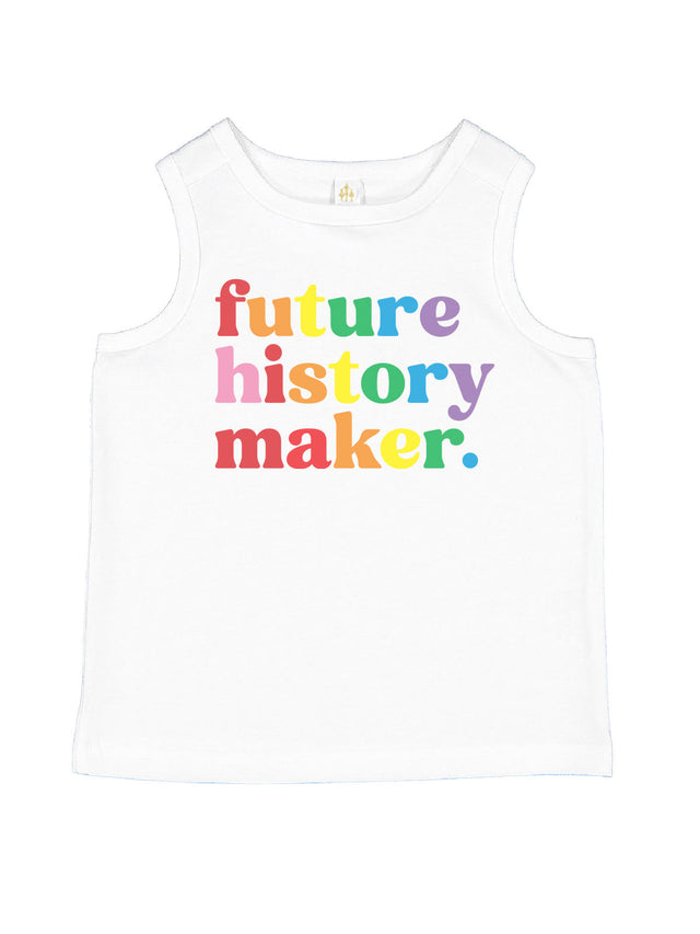 Future History Maker tank top for kids with multicolored lettering