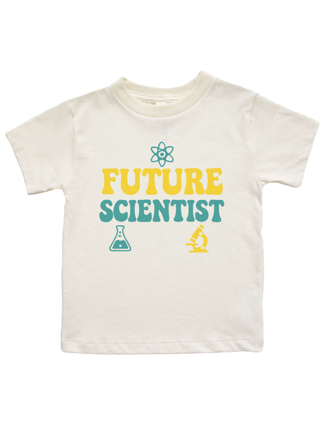 Natural kids shirt with “Future Scientist” text and science icons (atom, flask, microscope) – MM of Philly STEM Back to School Collection