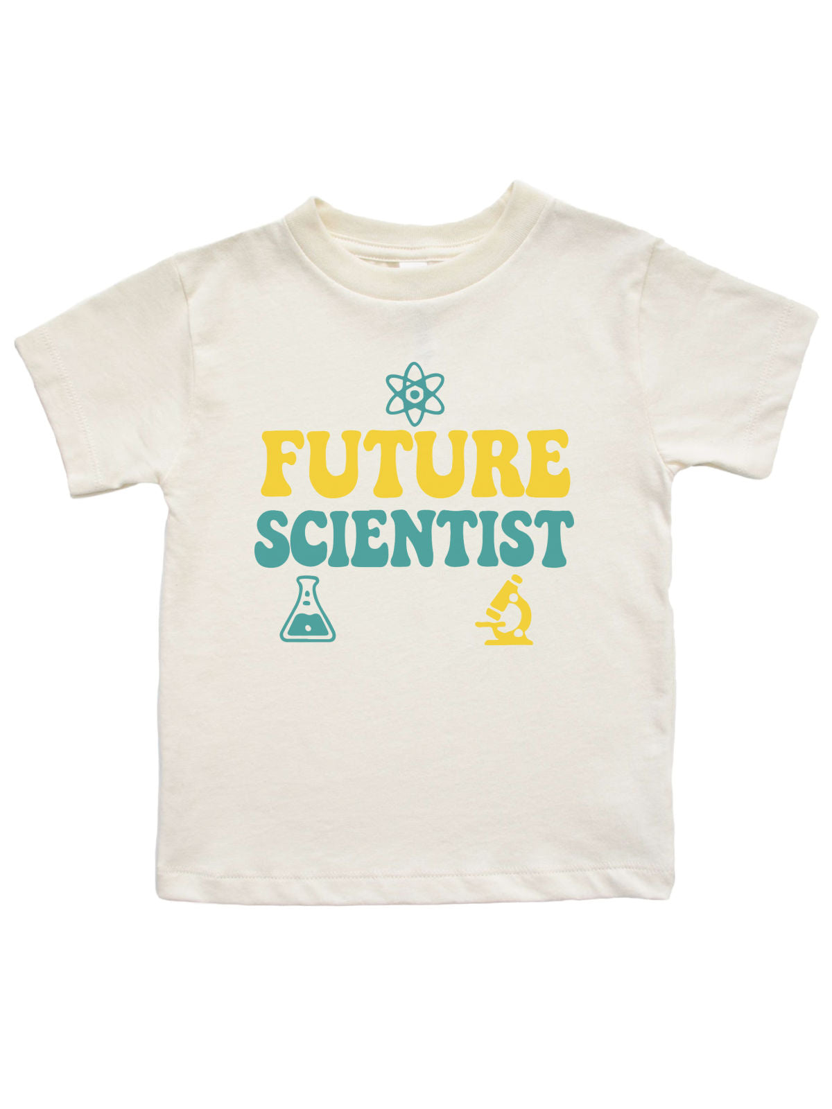 Natural kids shirt with “Future Scientist” text and science icons (atom, flask, microscope) – MM of Philly STEM Back to School Collection